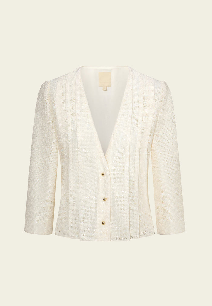 Pleated-detail Mesh-lace Sequin-detail Cropped Jacket